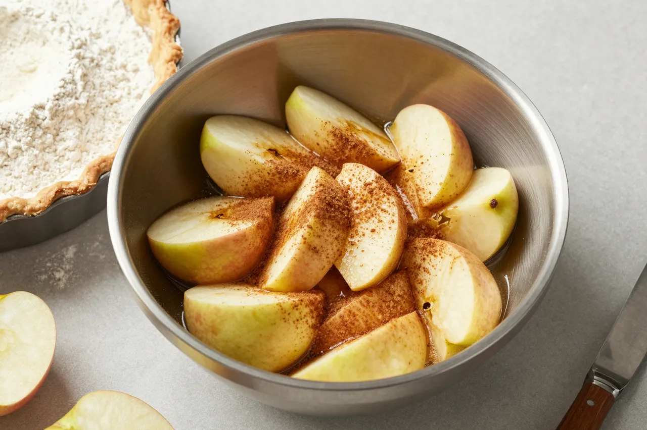 Sliced apples dusted with cinnamon sit in a metal mixing bowl next to an unbaked pie dish on a floured countertop.
