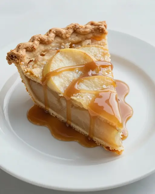 A slice of apple pie topped with fresh apple slices and drizzled caramel sits on a white ceramic plate