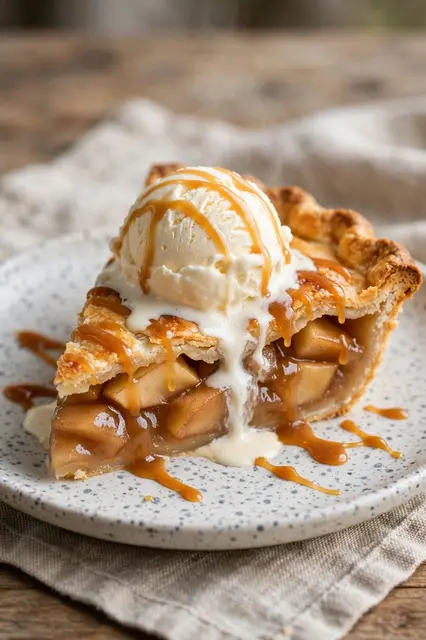 Warm apple pie slice topped with melting vanilla ice cream and caramel drizzle on a speckled ceramic plate