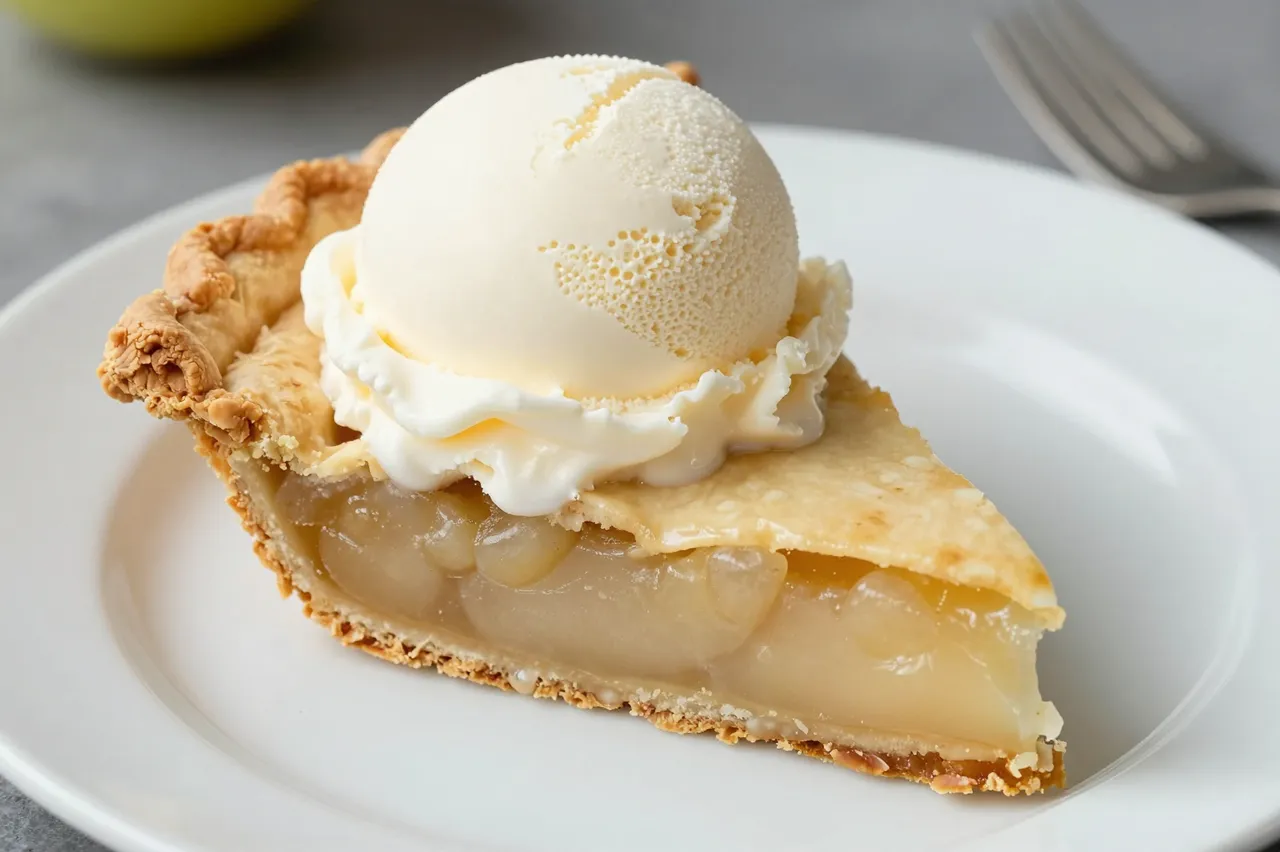 A slice of apple pie topped with a scoop of vanilla ice cream sits on a white ceramic plate.