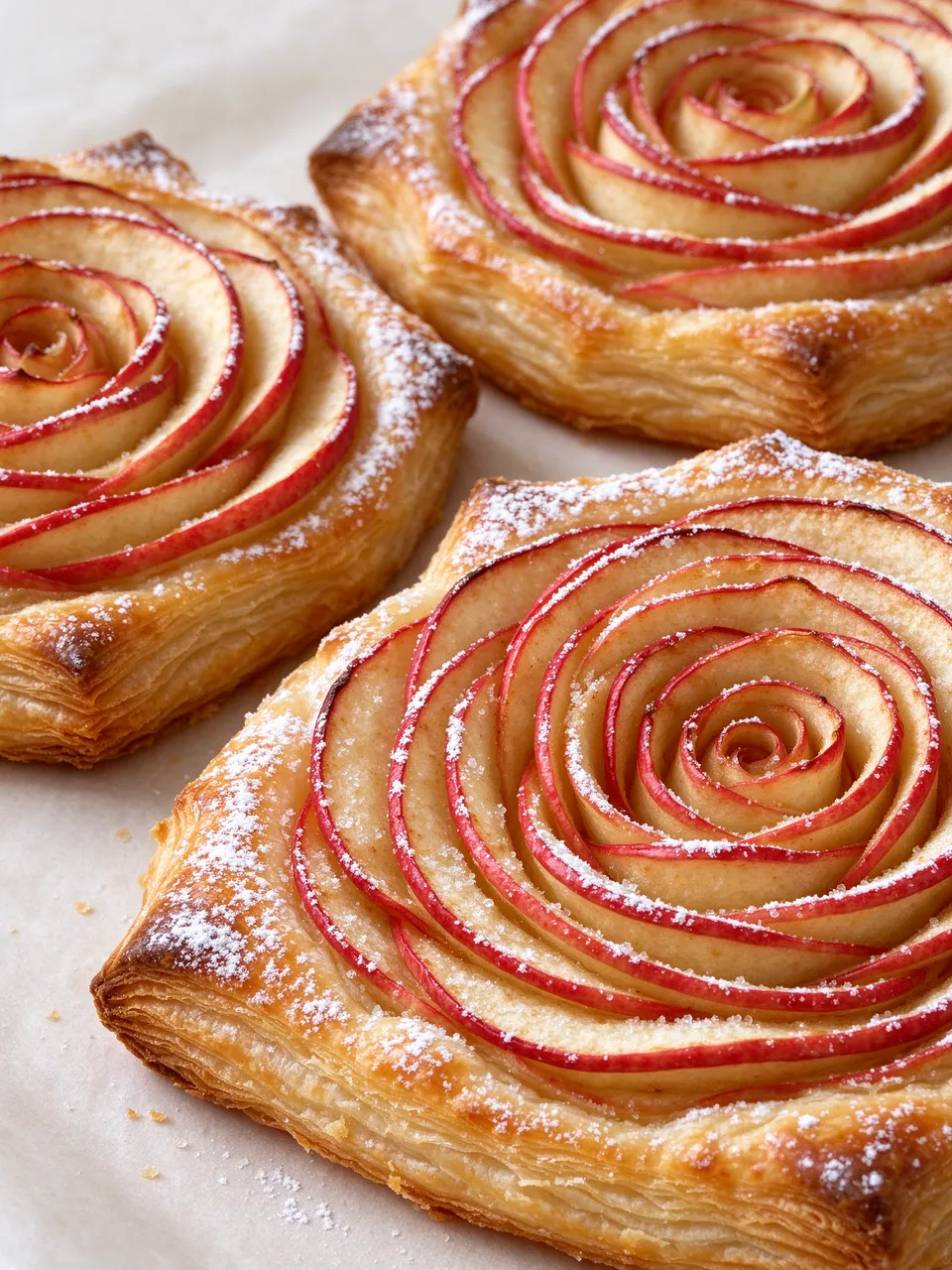 Three close-up apple rose tarts dusted with powdered sugar rest on white parchment paper