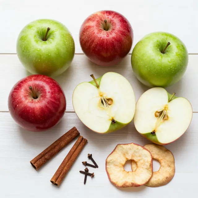 Flat lay arrangement of fresh whole and sliced apples, cinnamon sticks, cloves and dried apple rings on pale wooden planks