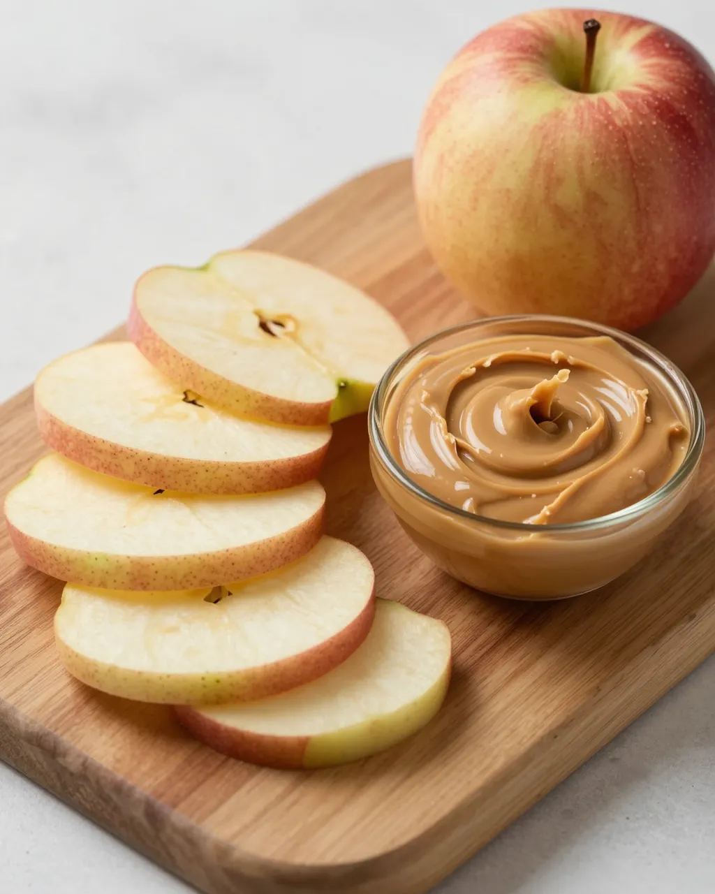 Sliced and whole red apples sit beside a small glass bowl of peanut butter on a light wooden board.