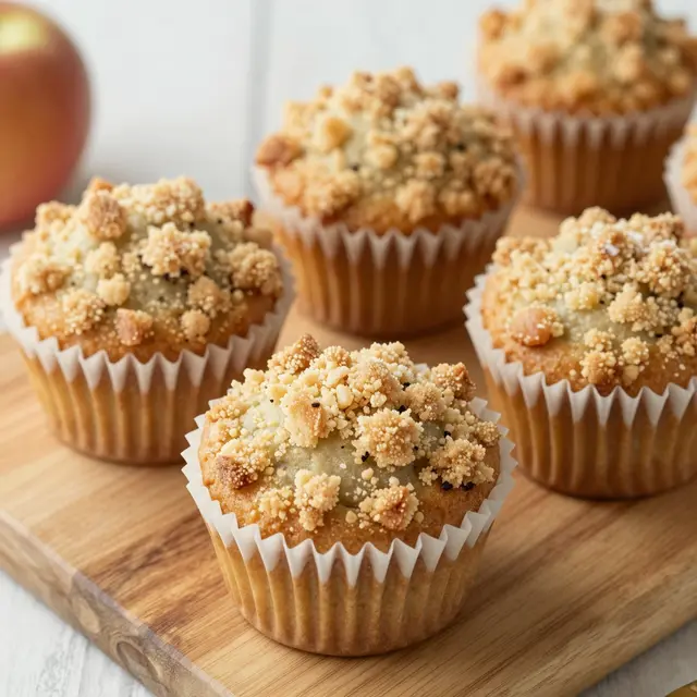 Crumb-topped apple muffins in paper liners sit on a wooden board beside a whole apple.