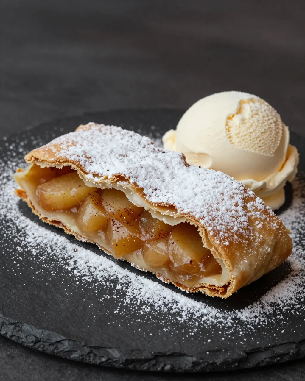 Powdered sugar dusted apple strudel slice with spiced filling sits next to a scoop of vanilla ice cream on a dark slate plate