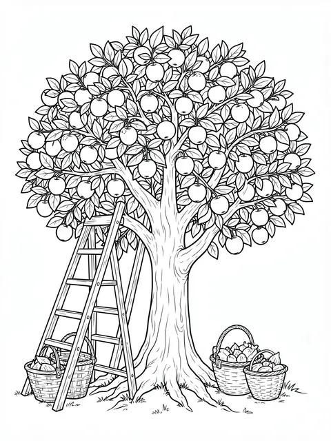 Black and white line art of a fruit-heavy apple tree with a ladder and harvest baskets