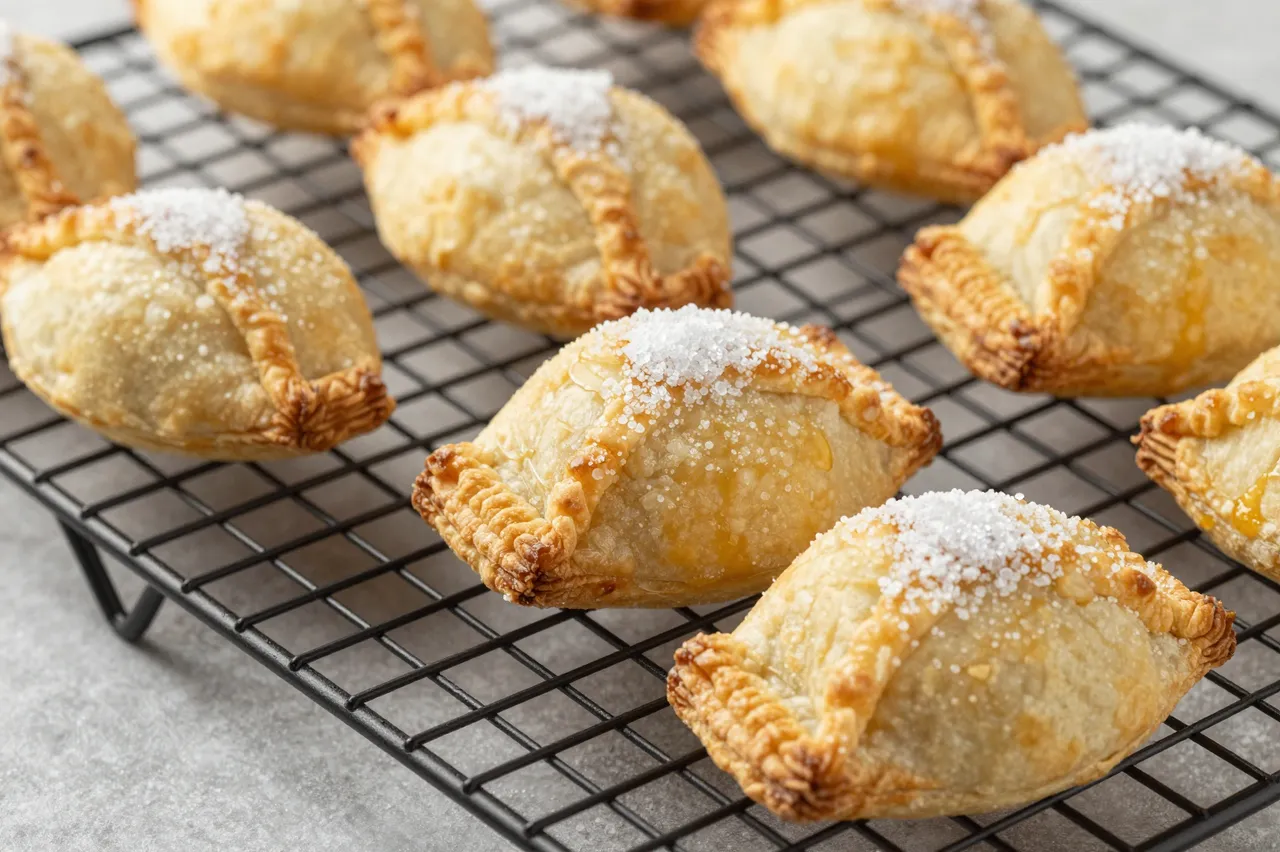 Golden flaky apple turnovers dusted with coarse sugar rest on a black wire cooling rack