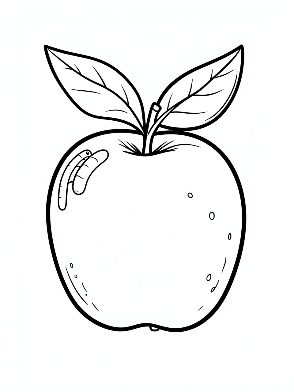 Simple bold black line art of an apple with leaves and a peeking worm on a white background