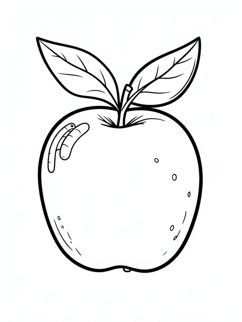 Simple bold black line art of an apple with leaves and a peeking worm on a white background