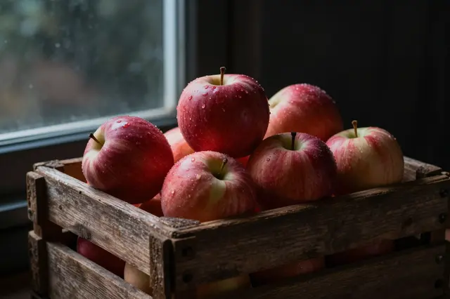 Fresh red apples dotted with water droplets sit in an old wooden crate beside a dark rainy window