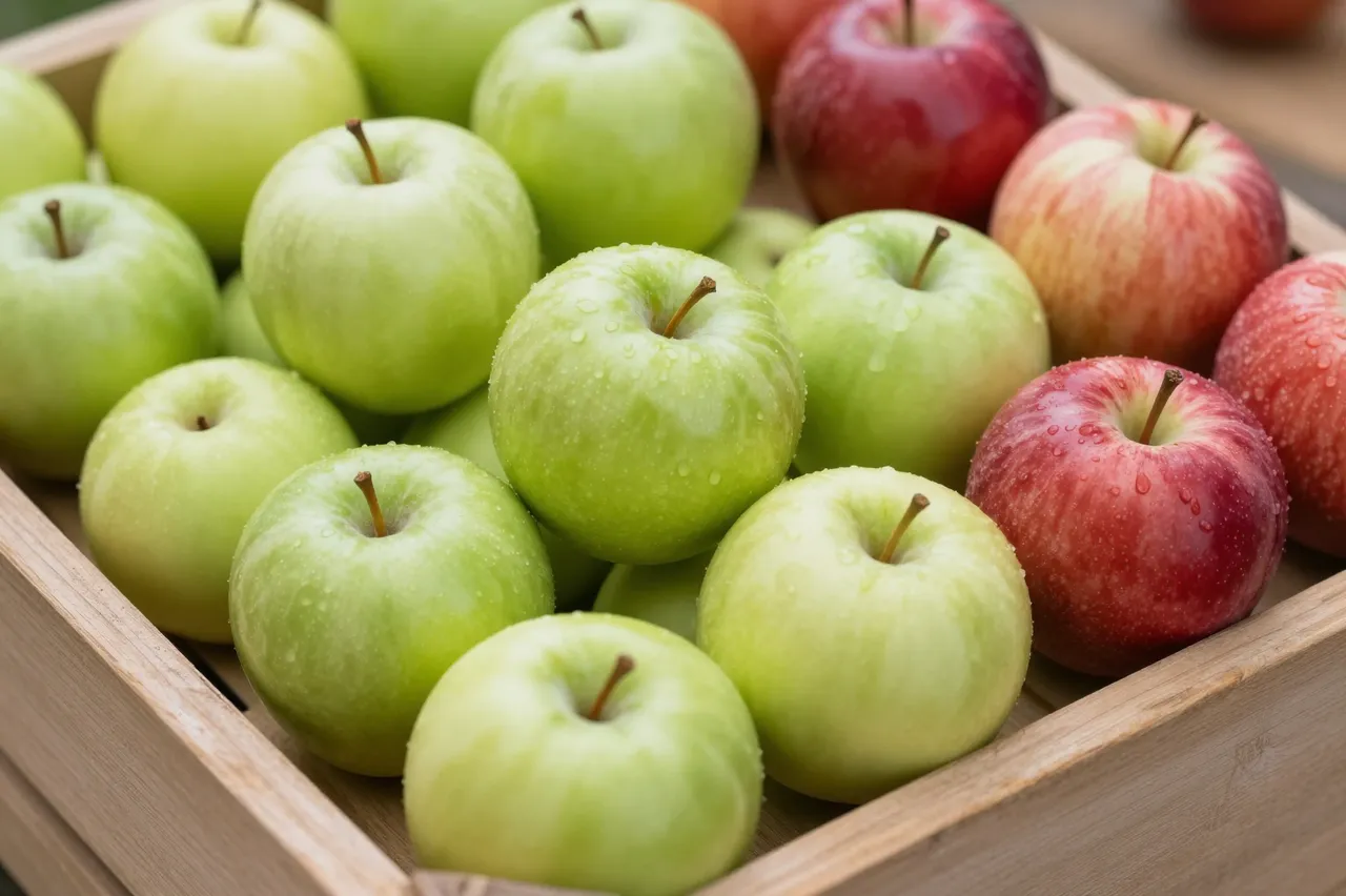 Green and red glossy apples dotted with water droplets fill a slatted wooden harvest crate.