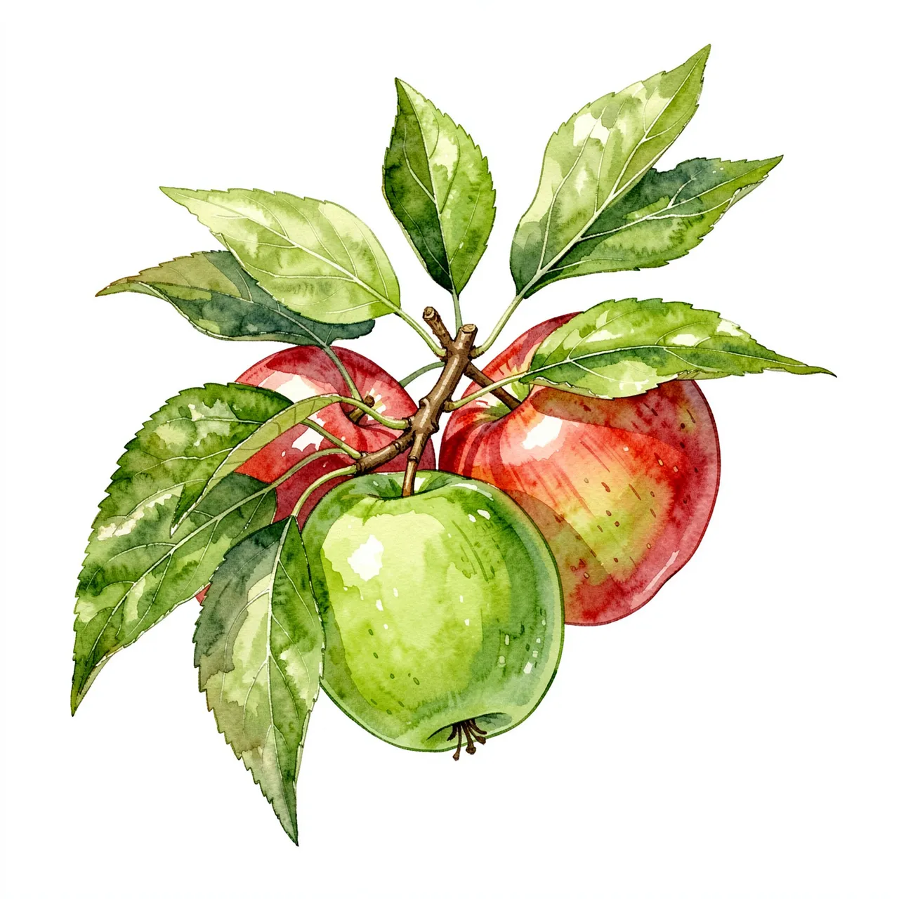 Watercolor illustration of one green and two red apples attached to a leafy brown branch against a plain white background