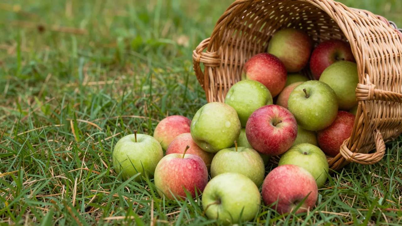 Red and green apples tumble from a tipped wicker basket onto grass, with empty left side space.