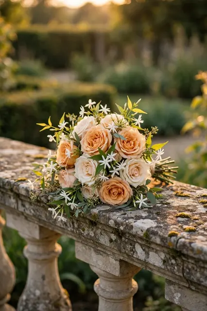 An apricot and cream rose bridal bouquet rests on a mossy stone balustrade in a sunlit garden at golden hour