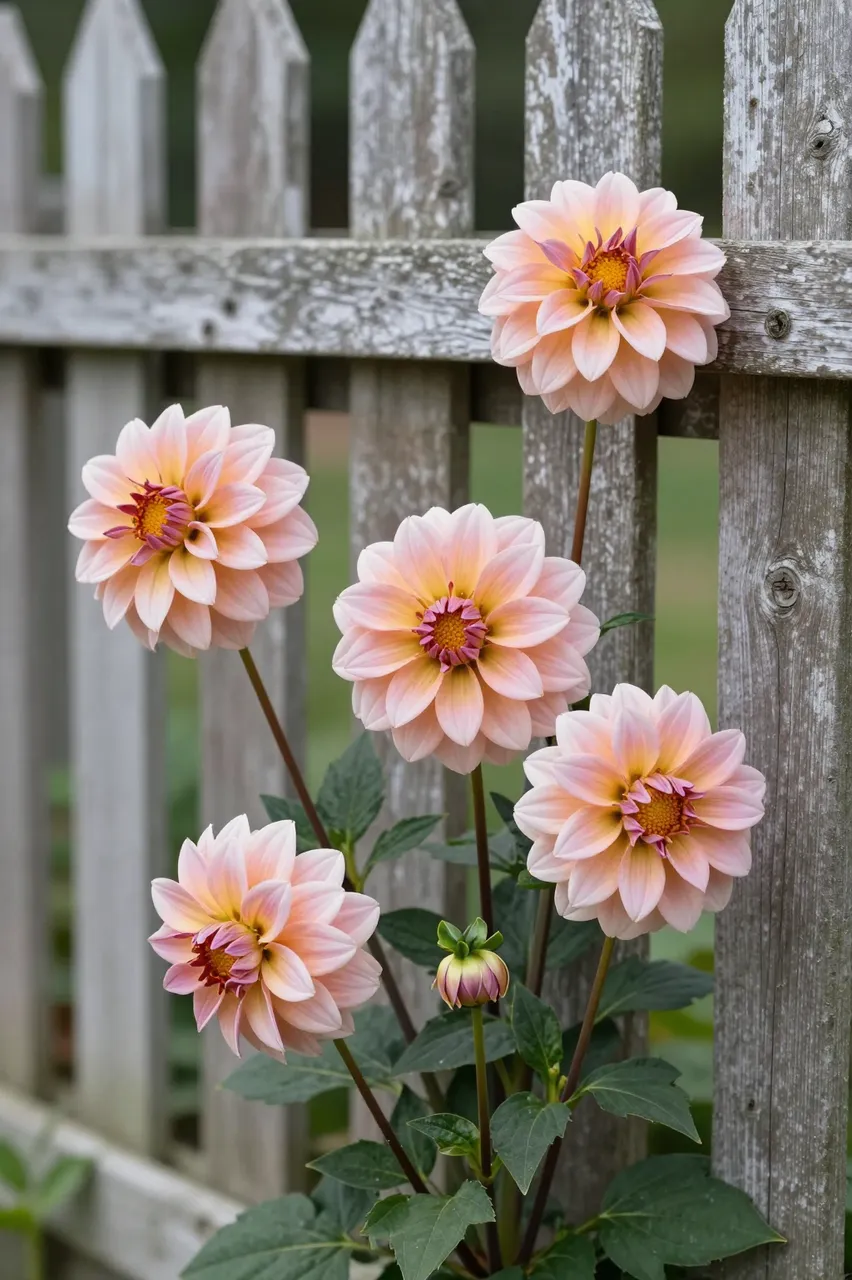 Soft apricot and blush dinner-plate dahlias grow beside a weathered white picket fence