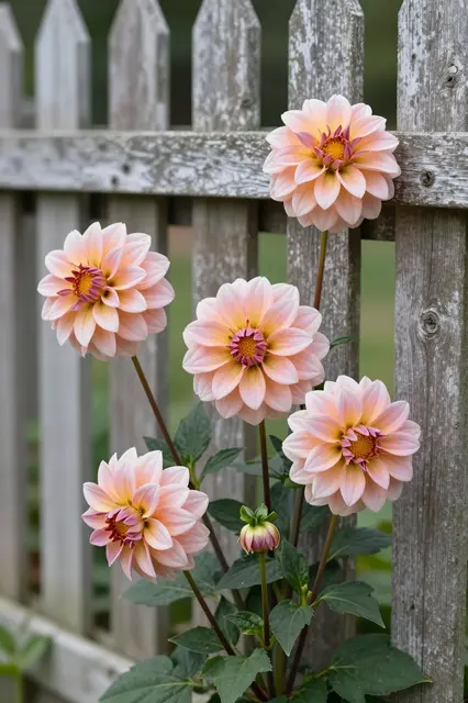Soft apricot and blush dinner-plate dahlias grow beside a weathered white picket fence