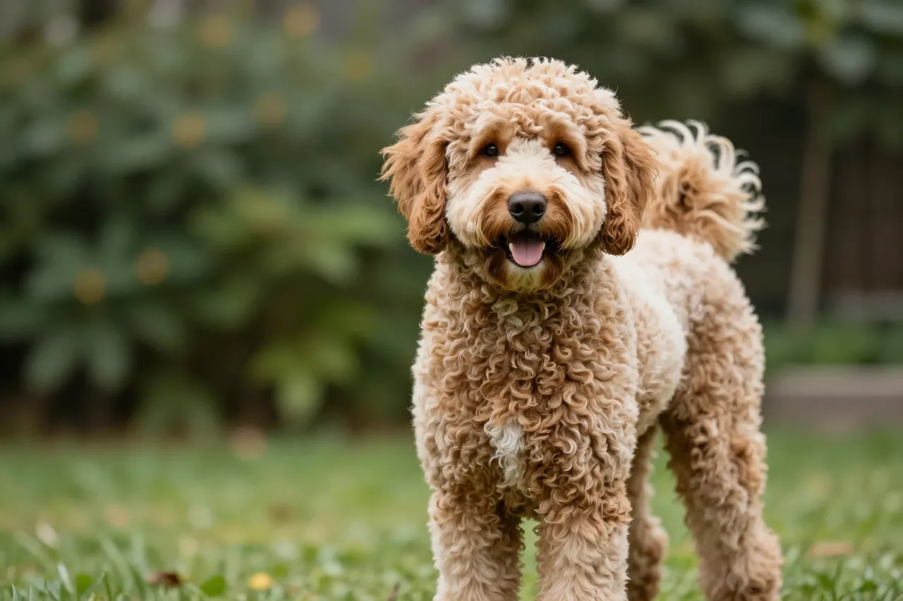 Curly coated apricot labradoodle stands on grass facing the camera in a blurred garden setting