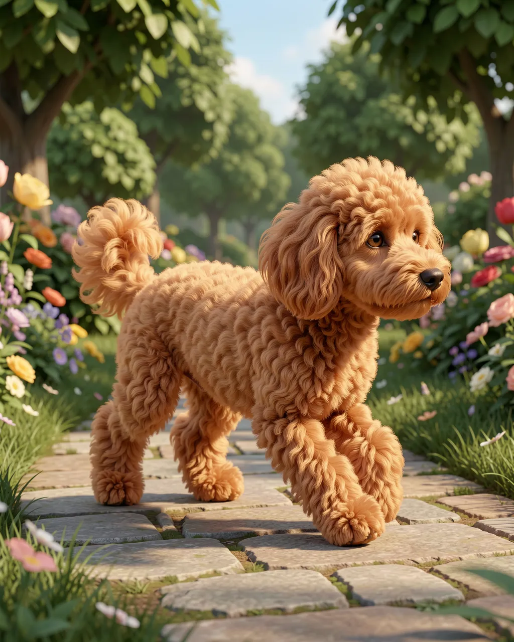 Fluffy apricot poodle trotting along a sunlit stone garden path lined with colorful flowers