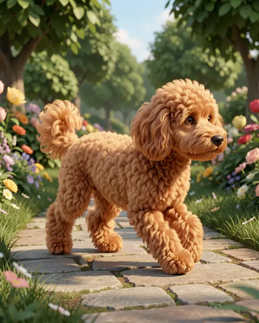 Fluffy apricot poodle trotting along a sunlit stone garden path lined with colorful flowers