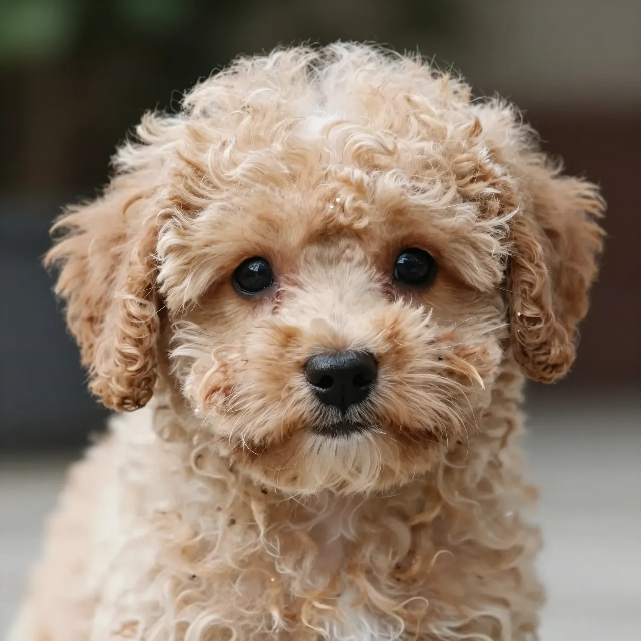 Close-up portrait of a fluffy curly apricot poodle puppy facing the camera directly