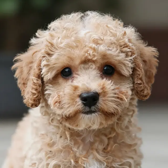 Close-up portrait of a fluffy curly apricot poodle puppy facing the camera directly