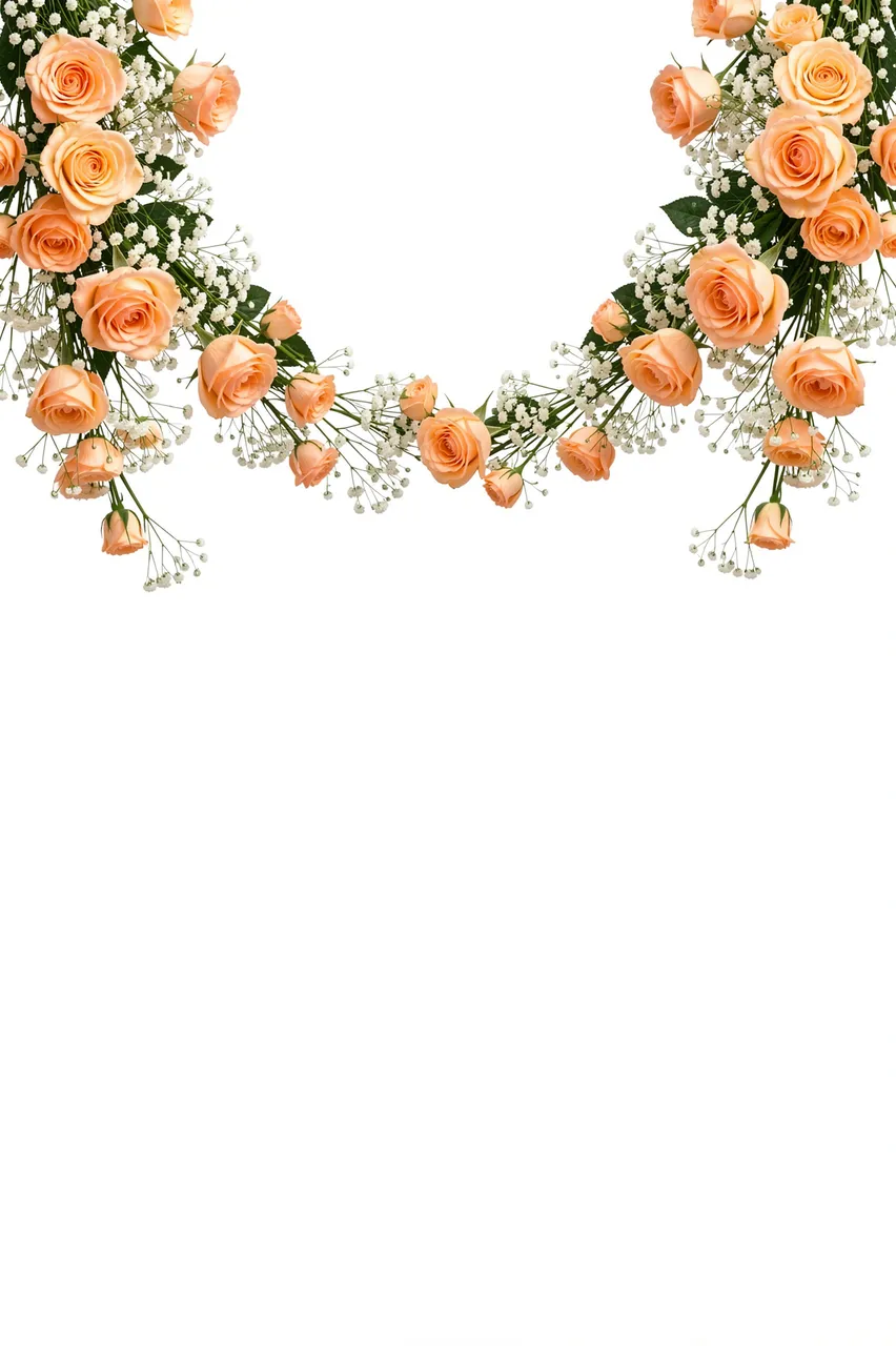 A curved floral garland of apricot roses and white gypsophila hangs across the top of a plain white background with empty