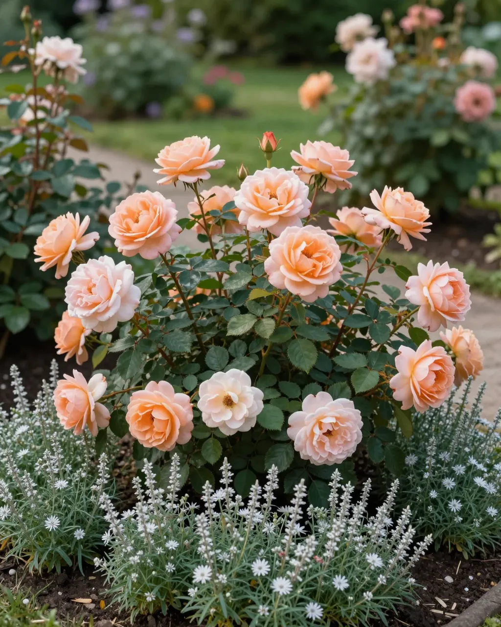 Blooming apricot shrub roses underplanted with silvery catmint in soft morning garden light