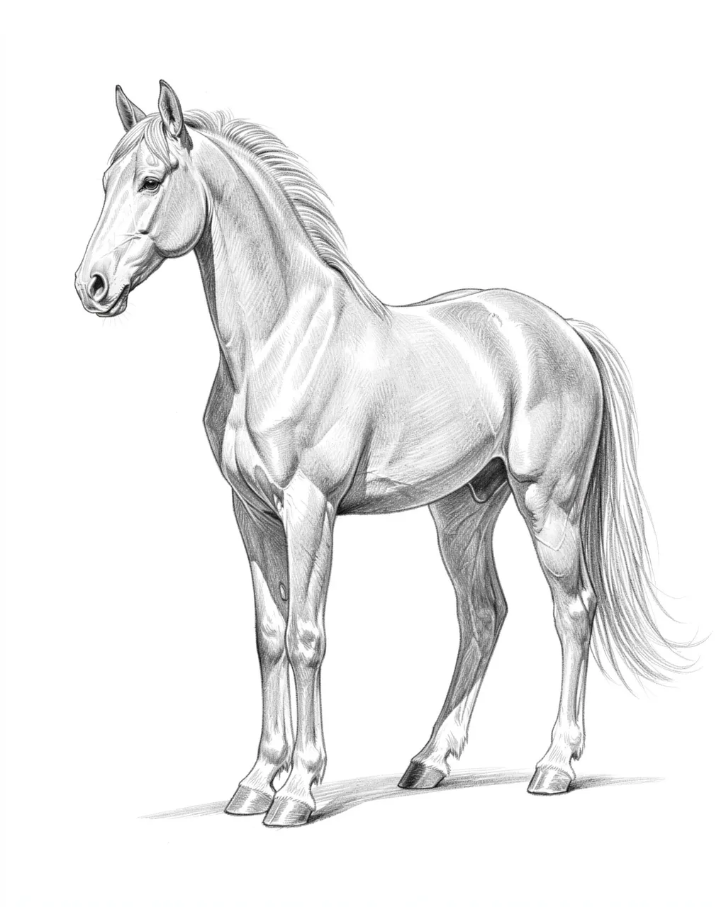 Detailed graphite pencil sketch of an Arabian horse on a plain white paper background