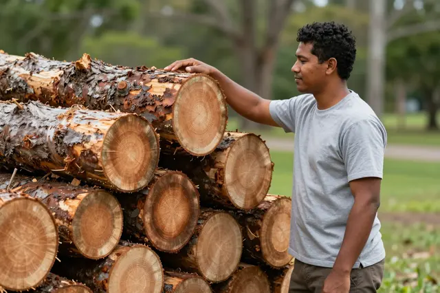 Side view of a man standing beside a stacked pile of freshly cut logs in a park
