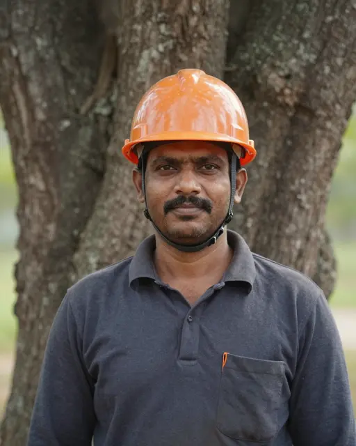 South Asian arborist in an orange hard hat stands in front of a thick tree trunk looking at the camera