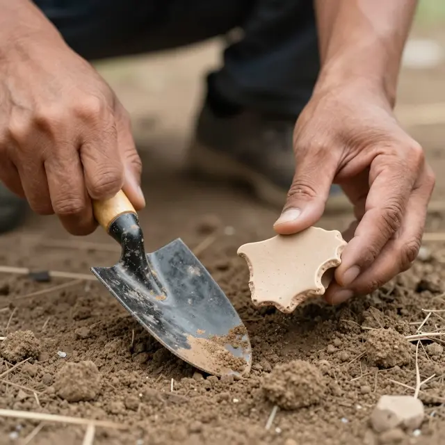 Close-up of a person's hands holding a trowel and pottery shard over dry excavated soil