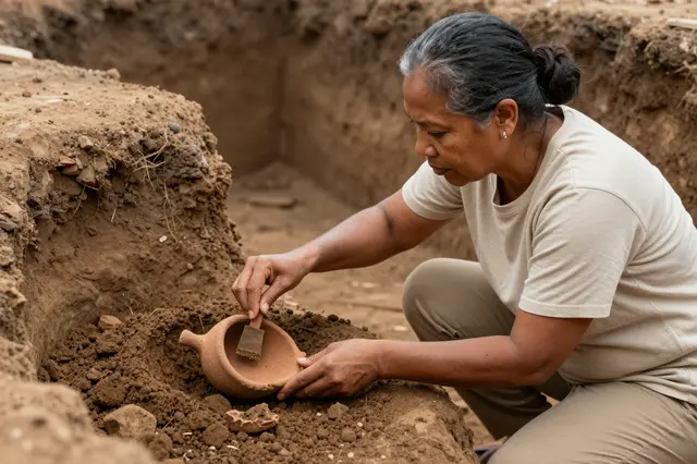 A Pacific Islander archaeologist cleans an ancient clay pot during an archaeological dig in a dirt trench.