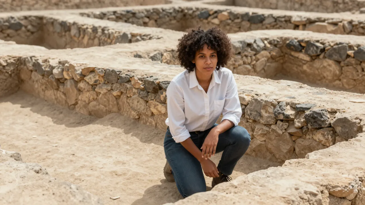 A mixed-race woman in her thirties kneels in a sunlit archaeological dig site surrounded by low stone walls