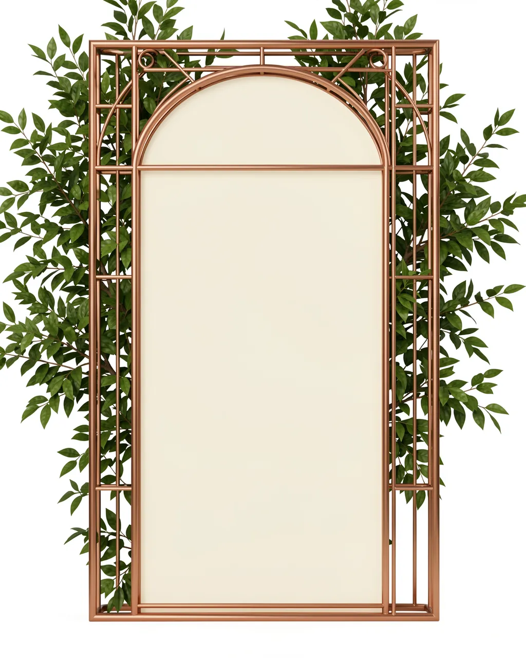 Tall arched copper line frame with an empty cream center backed by leafy green branches against a plain white background