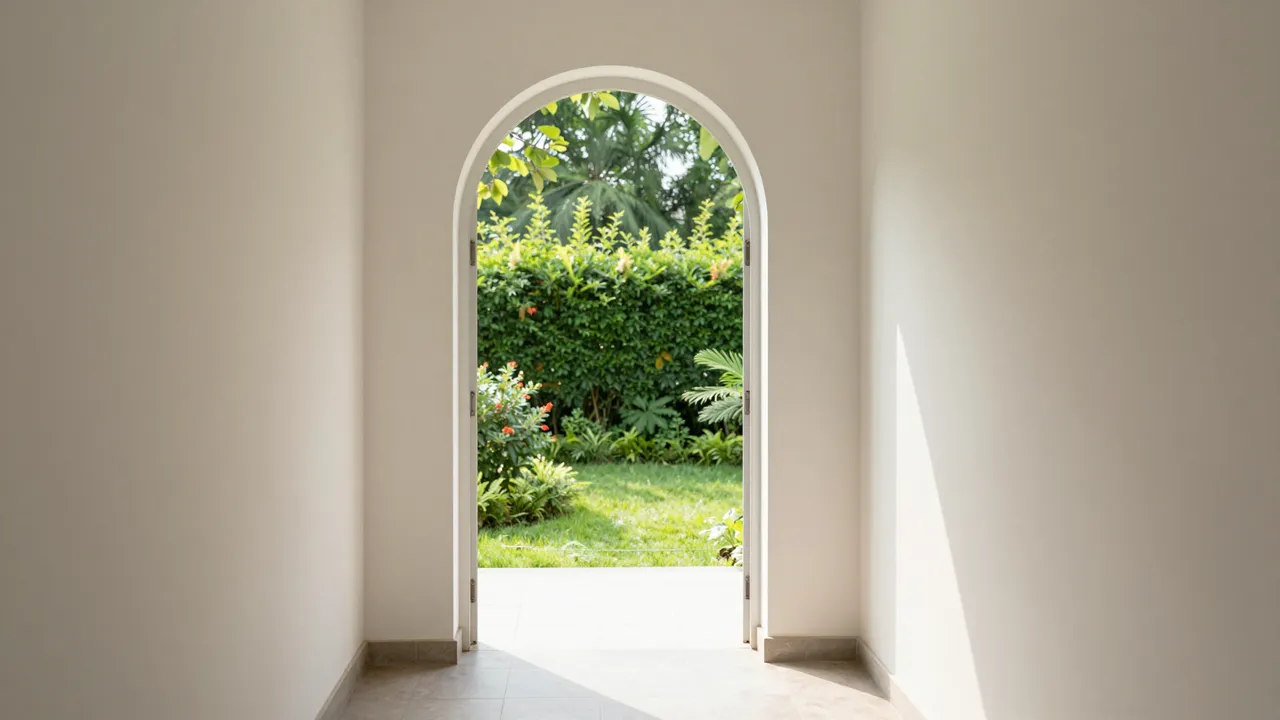 Sunlit interior hallway with a white arched doorway opening onto a lush green garden