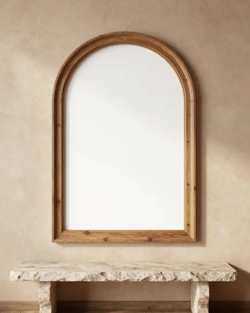 Blank arched wooden frame hangs on a warm plaster wall above a rough travertine bench