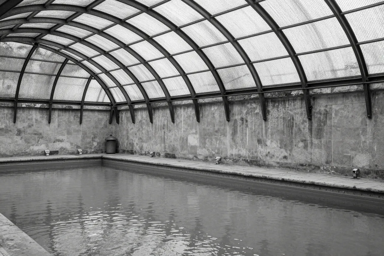 Black and white view of an empty indoor public bathhouse with an arched iron and glass roof over still pool water