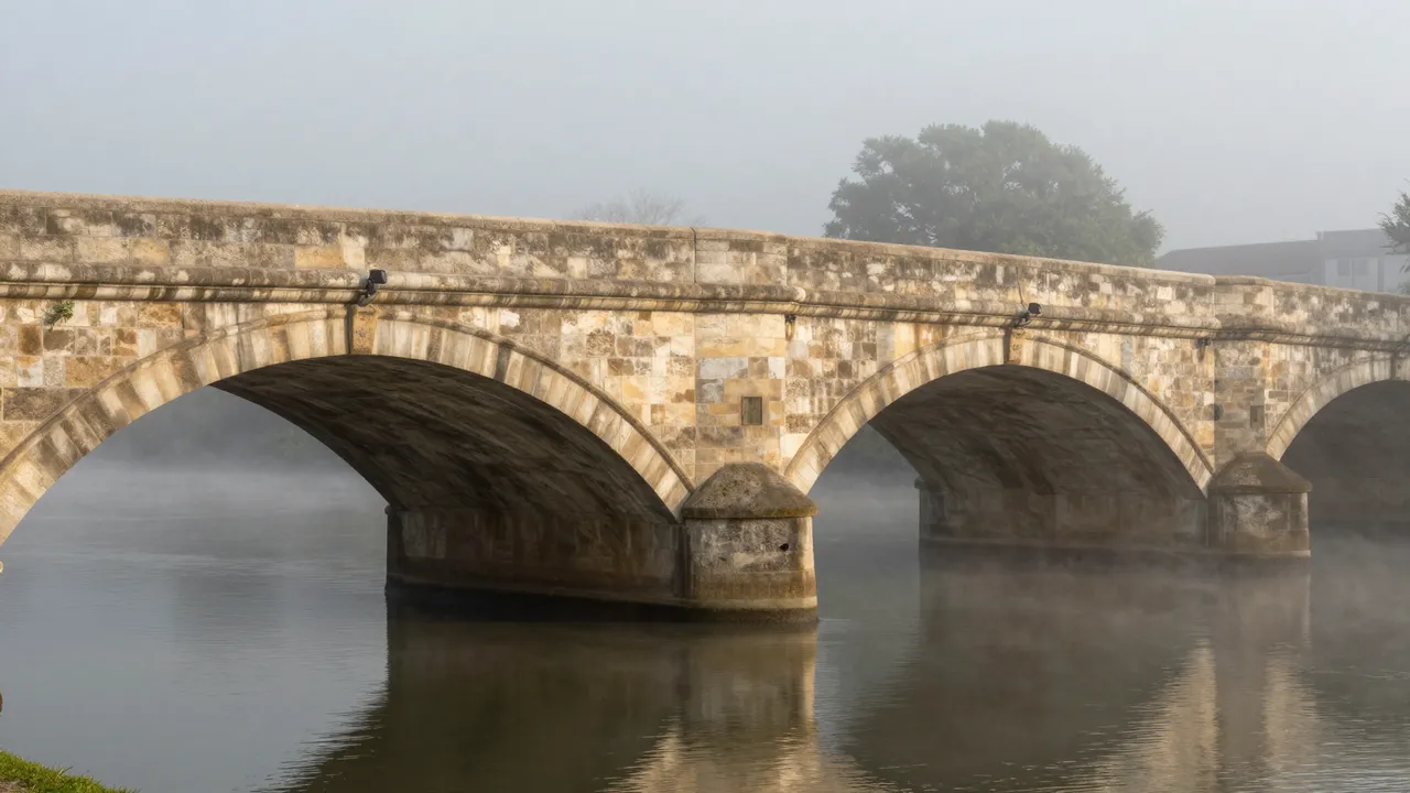 A weathered arched stone bridge spans a calm mist-shrouded river at early dawn