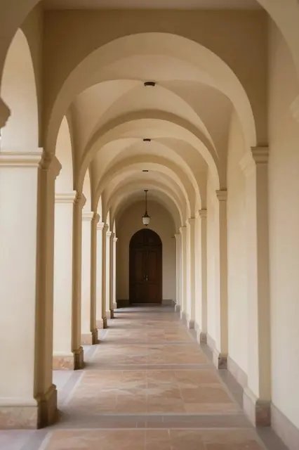 Long symmetric arched hallway with warm soft lighting, tiled flooring, and a far wooden door
