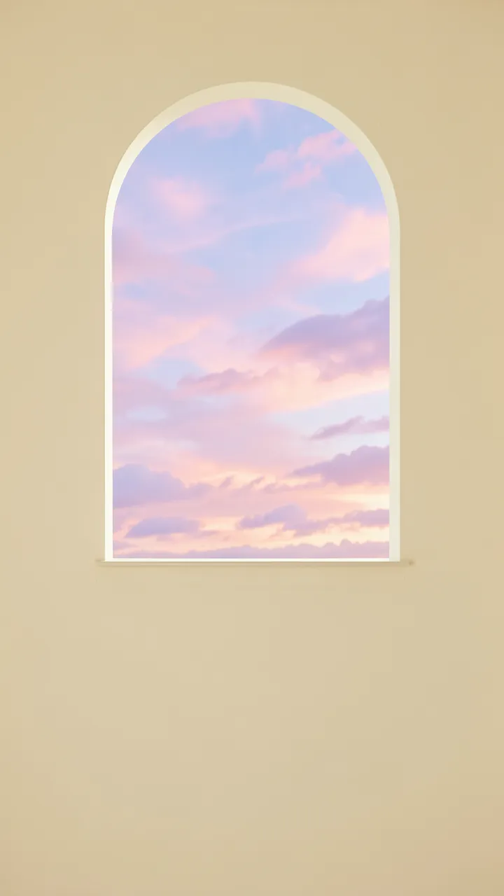 An arched window set in a cream wall frames soft pastel pink and purple sunset clouds, with empty wall space below.