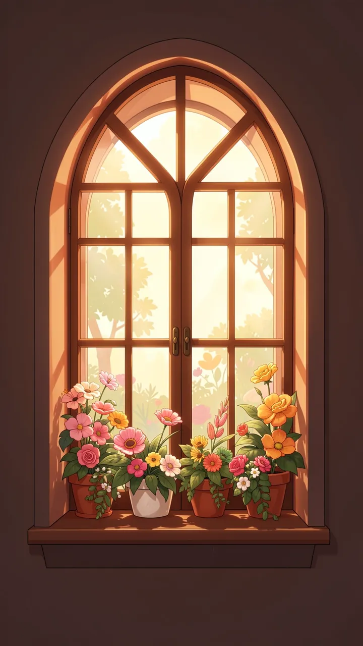 Warm golden sunlight streams through an arched wooden window lined with potted flowering plants on the sill.