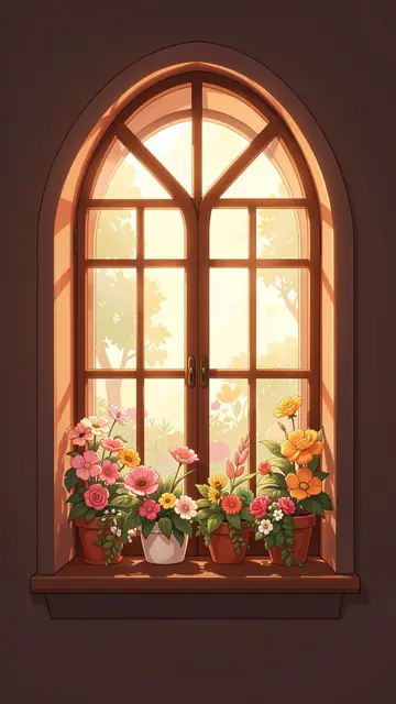 Warm golden sunlight streams through an arched wooden window lined with potted flowering plants on the sill.