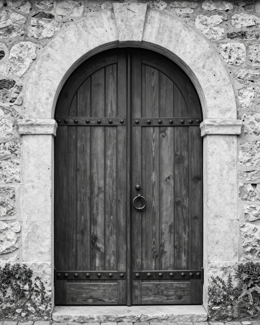 Black and white view of a tall arched studded wooden double door set in a rough stone wall