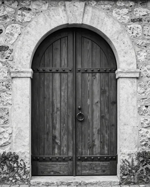 Black and white view of a tall arched studded wooden double door set in a rough stone wall