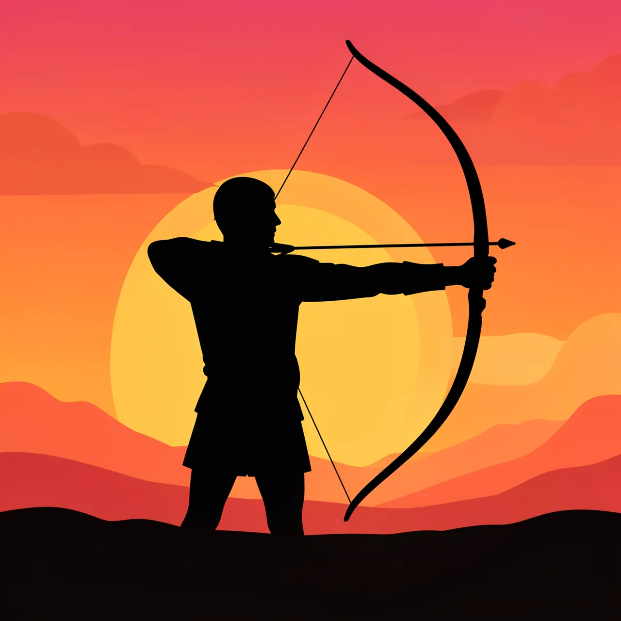 Black archer silhouette drawing a bow against a bright orange and red sunset landscape