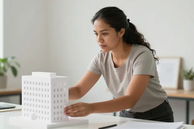 A Pacific Islander woman in her thirties adjusts a white architectural model on a studio work table.