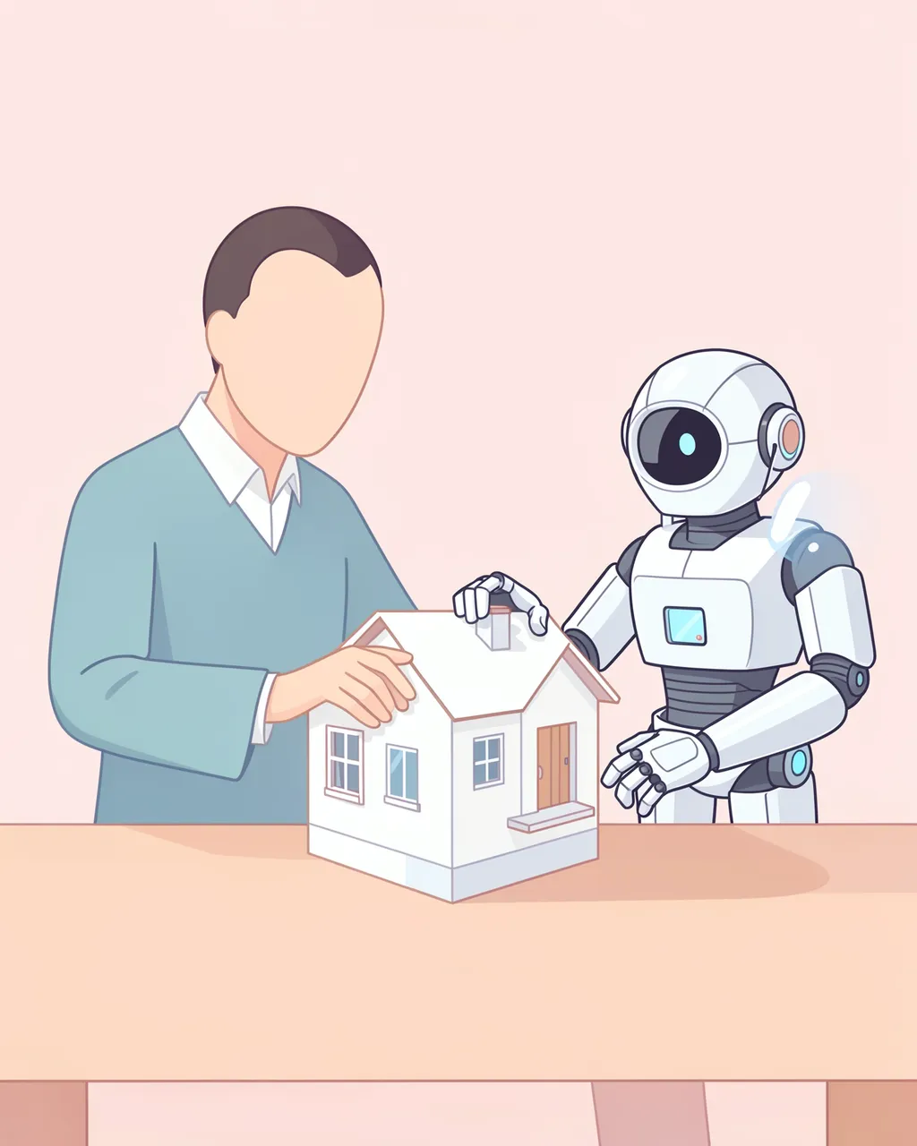 Faceless person and robot collaborate on a small white house model placed on a table
