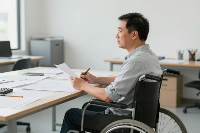 Side view of a Southeast Asian man in a wheelchair working at a drafting table in a bright studio office