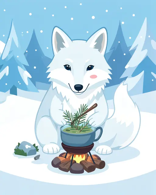Cute cartoon arctic fox sits brewing pine needle tea over a small stove in a snowy winter pine forest