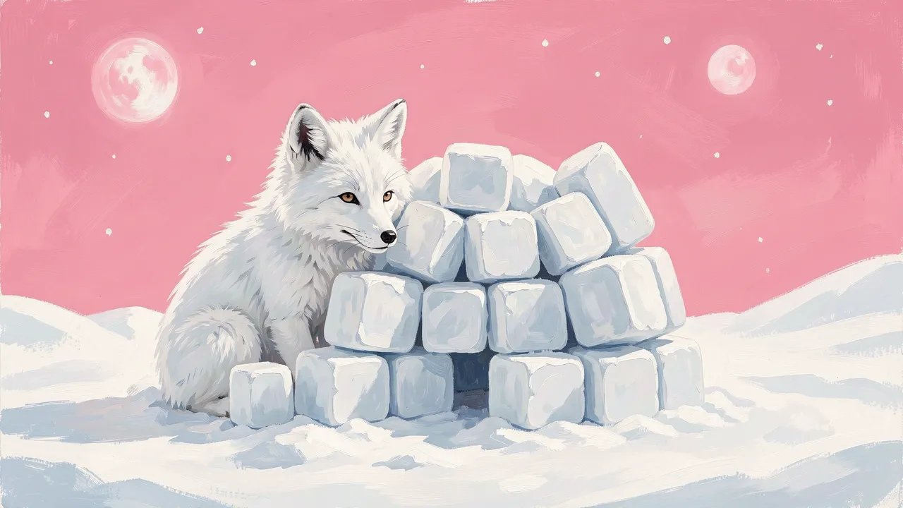 A gouache painting of a white arctic fox beside a small stack of snow blocks under a pink polar sky